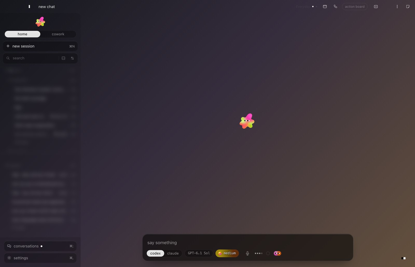 Sol's window on a Mac: a list of your chats on the left, Sol in the middle, and one box at the bottom to talk to Claude or Codex.